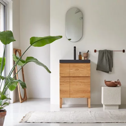 Easy - Meuble salle de bain en chêne massif et pierre de lave 60 cm